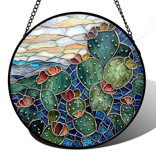 Cactus Stained Glass Window Hanging Suncatcher Gifts for Women 15" (15x15 IN)
