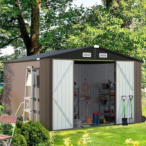 9.8x7.6 FT Shed Outdoor Storage Shed with Base (Brown / 9.8'x7.6')