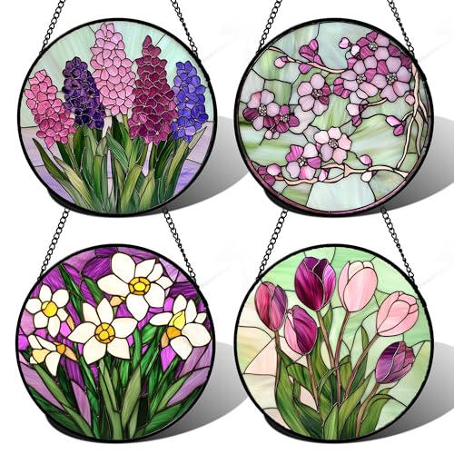 Stained Glass Window Hanging 4 Pcs Set Tulips Plum Flower Daffodils Hyacinths Large 11.8" (4-piece Purple Flower Set / 11.8x11.8 IN)