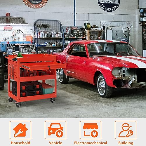 3 Tier Heavy Duty Rolling Tool Cart with Drawers (Red)