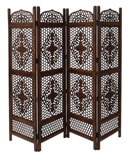 Room Divider Wooden Foldable Hand Carved Screens Panel_80" Wx72 H_4Panel (Burnt / 80"W x 72"H - Minar)