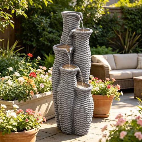 AUTODAYA 33" H Outdoor Water Fountain (Light Gray Faux Rattan 33"h)