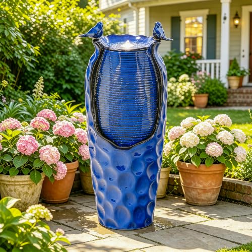 Autodaya 33" Vase Ceramic Outdoor Water Fountain with Lights and Birds (33"h-hammered Cobalt Blue)