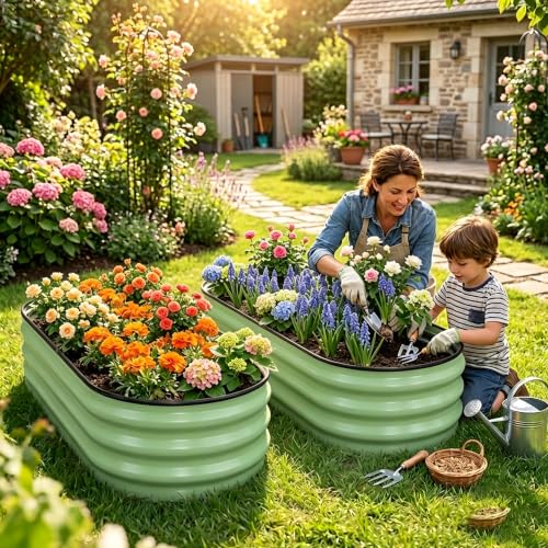 2 Pack Galvanized Raised Garden Beds Outdoor (Green 2 Pcs / 4 x 2 x 1 ft)