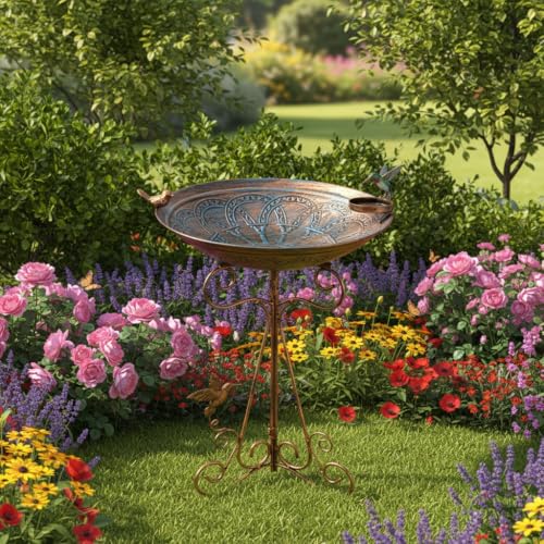 13" Vintage Metal Bird Bath with Cast Iron Pedestal (Brown-1)