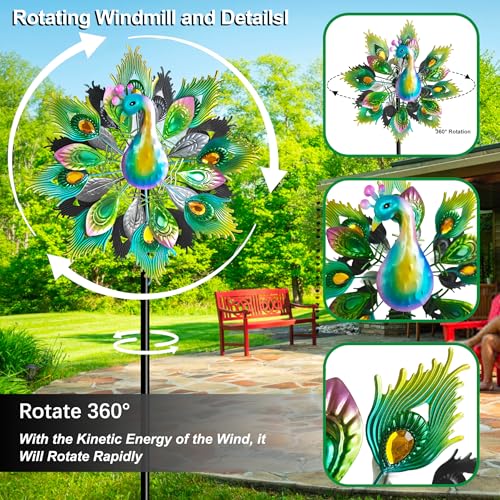 Outdoor Peacock Wind Spinners Featuring Glittering Gem Decor (C-yellow Peacock)
