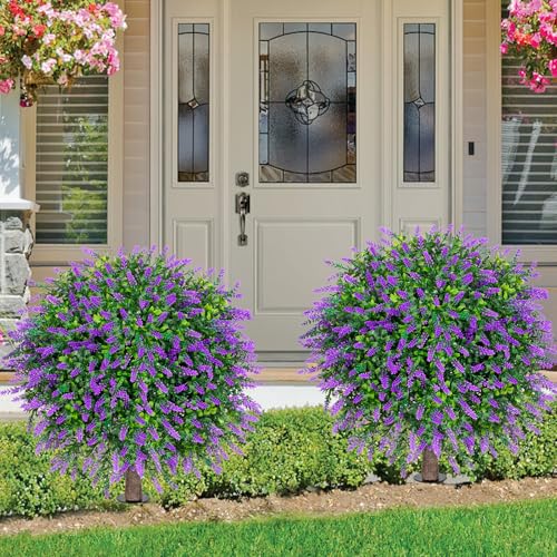 2 Pack UV Resistant Artificial Lavender Boxwood Plants Outdoor (Lavender)
