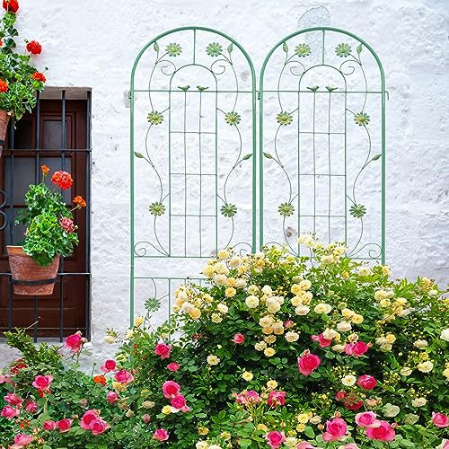 2 Pack Metal Garden Trellis 86.7" H Garden Fence Rustproof Trellis for Climbing Plants Support Roses Flower Outdoor Lawn Green (Green-2PCS-Flower / 86.7")