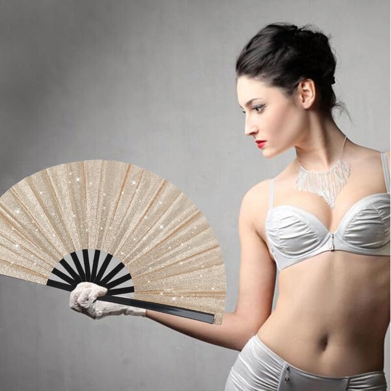 2 Pack Glitter Large Folding Hand Fans for Line Dancing (Champagne Gold)