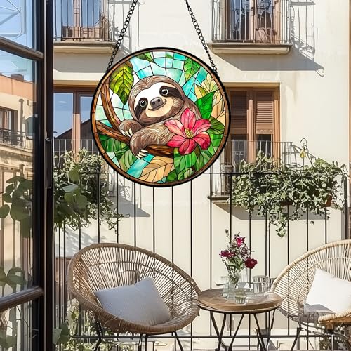 Stained Glass Window Hanging Sloth Flower Suncatcher Gifts for Women 12" (Green and Brown / 11.8x11.8 IN)