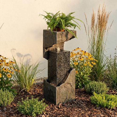 Modern Rectangular Water Fountain Outdoor with LED Lights & Planter Top (Graymodern35.4)