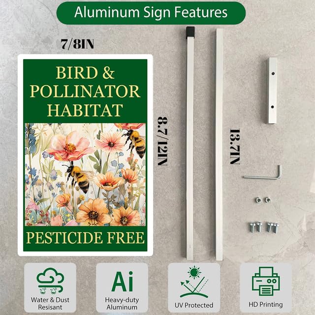 Bird and Pollinator Habitat Pesticide Free Yard Sign With Stakes 8X12 inches Rustproof Reflective Aluminum Pollinator Friendly Garden Sign Stand Bee Outdoor Decor (D6 / 8x12)