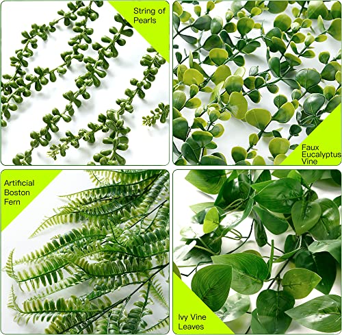 Fake Hanging Plants 6 Pack Artificial Hanging Eucalyptus Plants Potted Greenery Faux Mandala Vine String of Pearls Boston Fern Ivy Vine Leaves Pea Pod for Home Indoor Outdoor Shelf Wall Decor (21.5" / 6 Pcs Green)