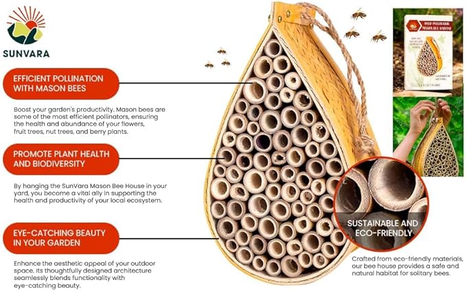SunVara Mason Bee House for Pollinator Bees Gardering Gifts Bee Hotel