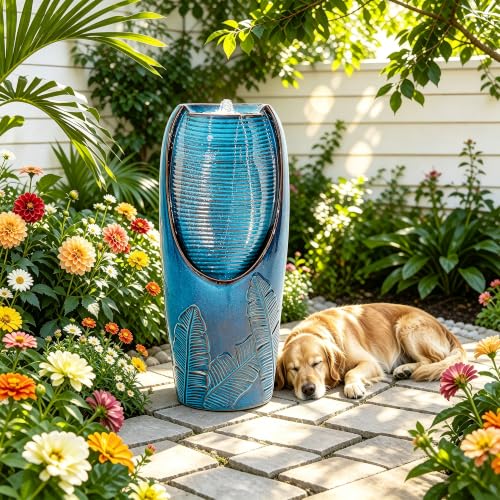 Autodaya 33" H Ceramic Jar Outdoor Water Fountain (32"h-leaf Pattern Teal Blue Glaze)