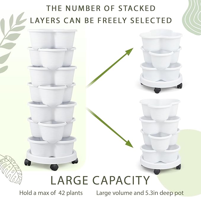 Umigy 2 Set White 7 Tier Stackable Vertical Planters with Removable Wheels and Tools Tower Planters Strawberry Herb Flower Vegetable Pots Indoor Outdoor Gardening Pots