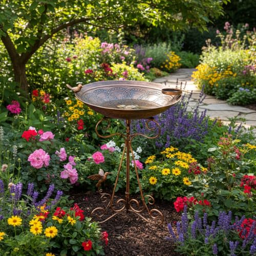 13" Vintage Metal Bird Bath with Cast Iron Pedestal (Brown-1)