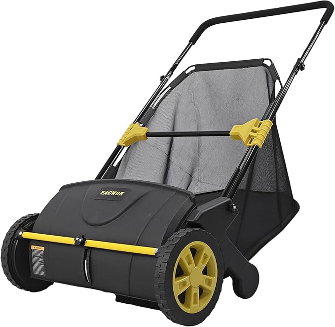 Push Lawn Sweeper, 21-Inch Width, 3.5 Cu. Ft. Hopper Capacity, 4 Spinning Brushes, Adjustable Height, Durable Steel Frame with Rubber Wheels, Yellow