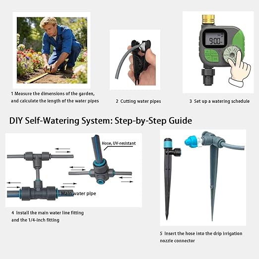 Drip Irrigation System with Water Timer Plug-in Quick Connection Drip Irrigation Kit 5/16“ID and 1/4 Inch Pipe Auto Watering System for Garden Spray, for Greenhouse, Garden, Lawn, Potted Plants