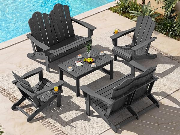 5 Pc HDPE Adirondack Set (Grey / 2 chair &2 bench &1 coffee table)