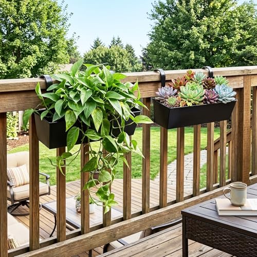 17" Metal Railing Planter with Detachable Hook (Rectangular-black)