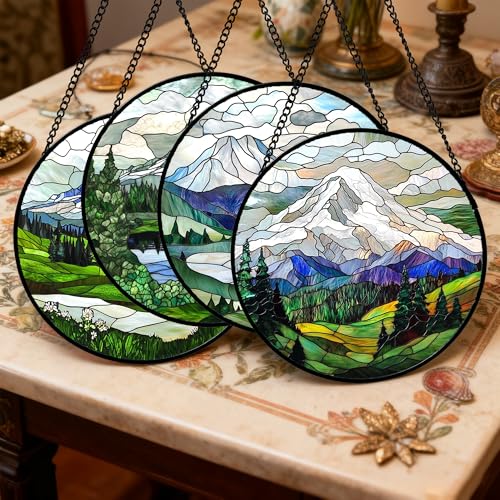 Stained Glass Window Hanging 4 Pcs Set Mountains Lake Green White Landscape 9.8" (4-piece White and Green Set / 9.8x9.8 IN)