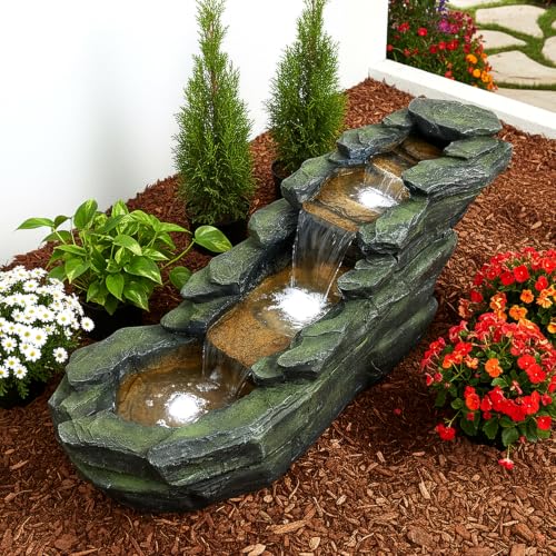 Cascading Rock Outdoor Water Fountain with LED Lights (44" L / Gray_12)