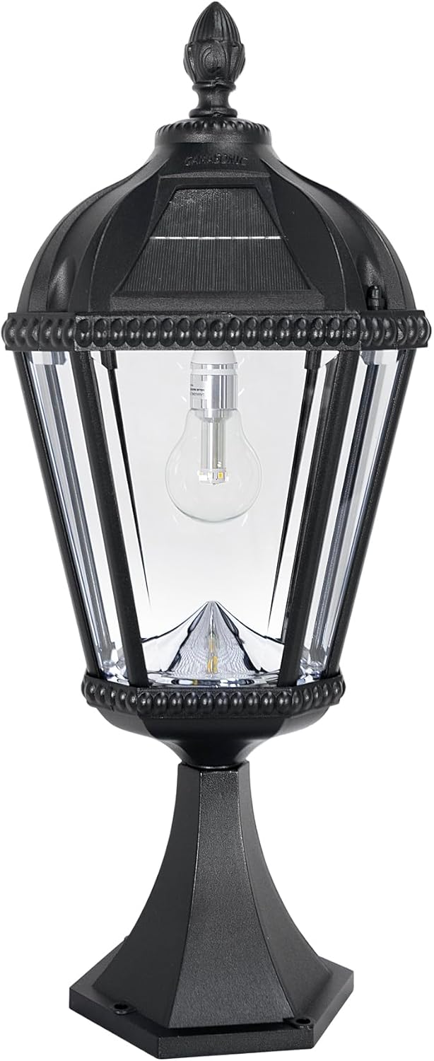Gama Sonic Outdoor Solar Post Light with Pier Base, Black Aluminum and Beveled Glass, Royal Bulb 150 Lumens Warm White LED, Mount on Column, Pillar, or Flat Exterior Surface (98B011) (Upgraded)