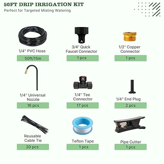 A ANLEOLIFE 50FT Drip Irrigation Kit for Patio, Potted Plants, 360° Bendable Copper Nozzles, Quick-Connect 1/4" Tubing for Container Gardens, Micro Drip with Adjustable Water Flow (Timer Not Included)