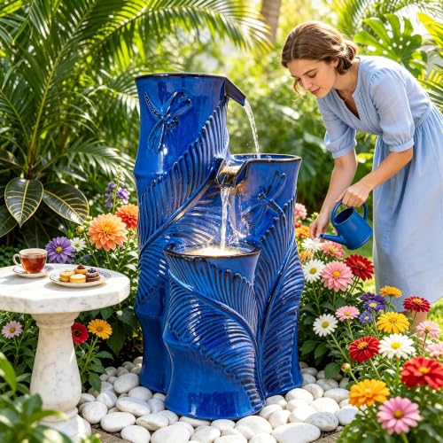 Autodaya 25" Tropical Outdoor Fountain (25.5"h Bamboo-style Cobalt Blue)