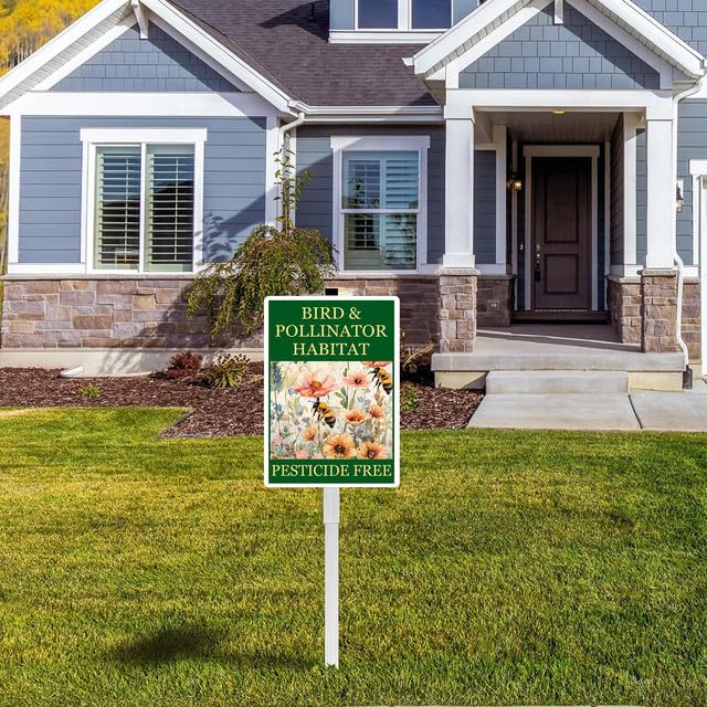Bird and Pollinator Habitat Pesticide Free Yard Sign With Stakes 8X12 inches Rustproof Reflective Aluminum Pollinator Friendly Garden Sign Stand Bee Outdoor Decor (D6 / 8x12)