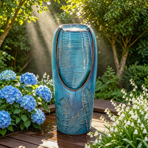 Autodaya 33" H Ceramic Jar Outdoor Water Fountain (32"h-leaf Pattern Teal Blue Glaze)