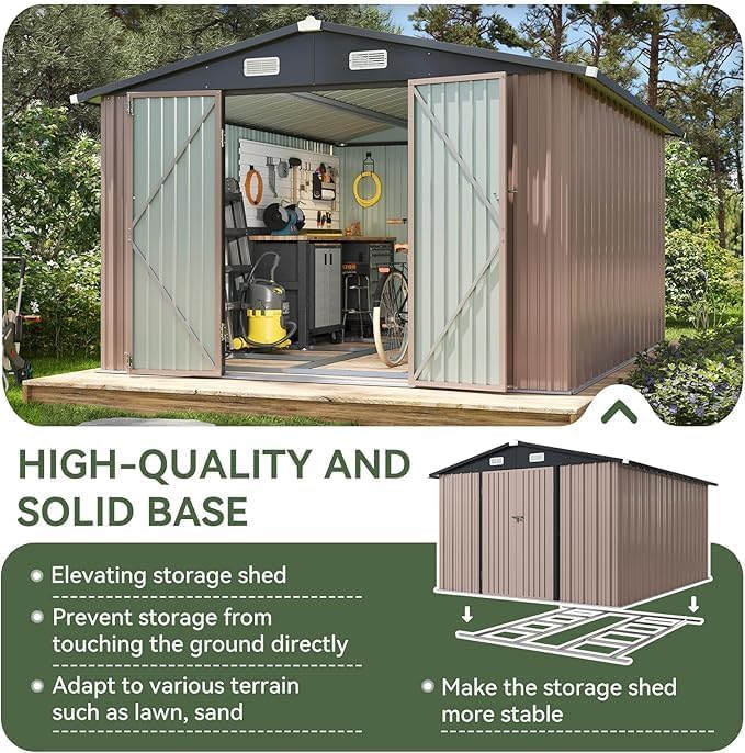 10x12 FT Galvanized Steel Outdoor Storage Shed with Base (Brown / 10'x12')