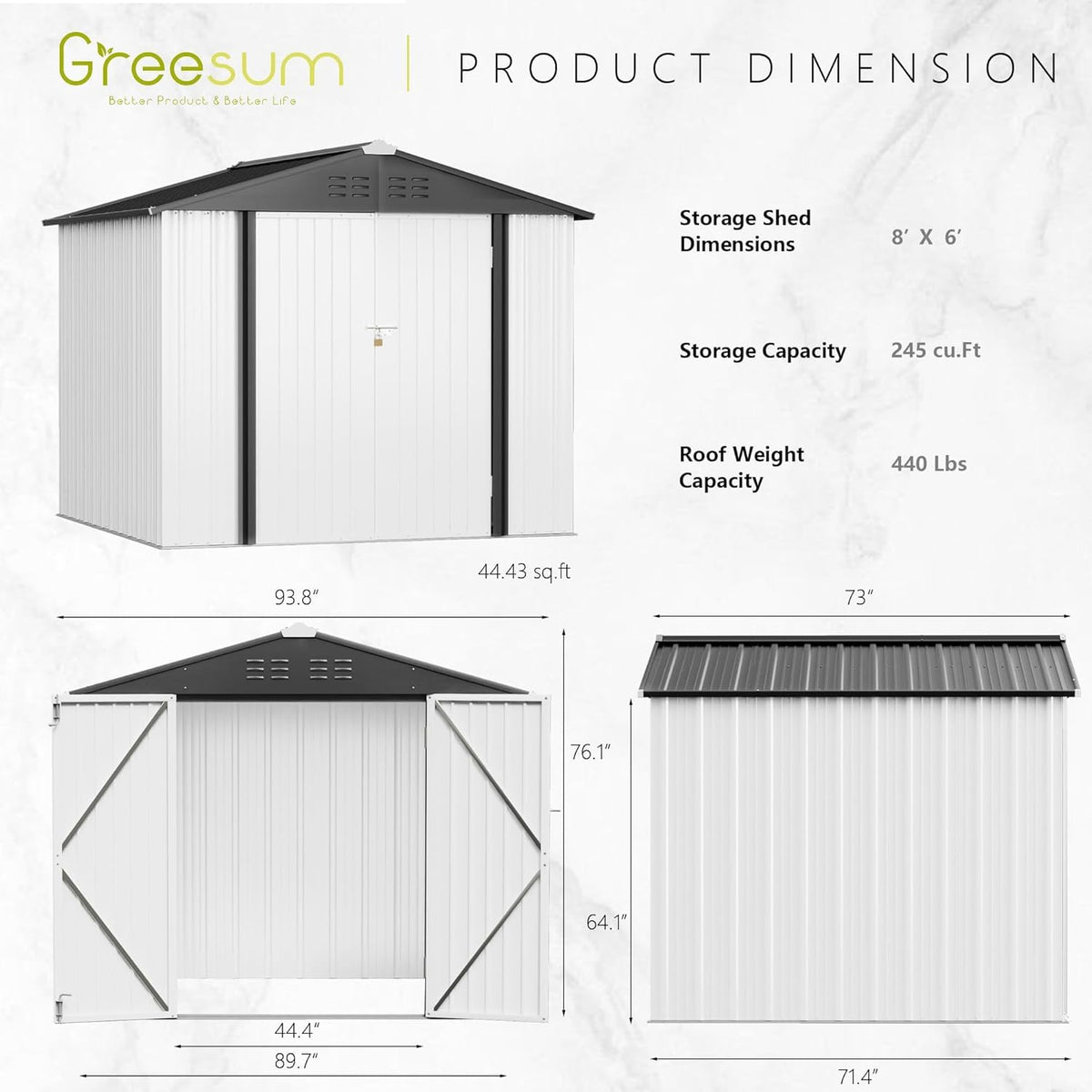8x6FT Outdoor Storage Shed Utility Tool Shed (8x6 / White)