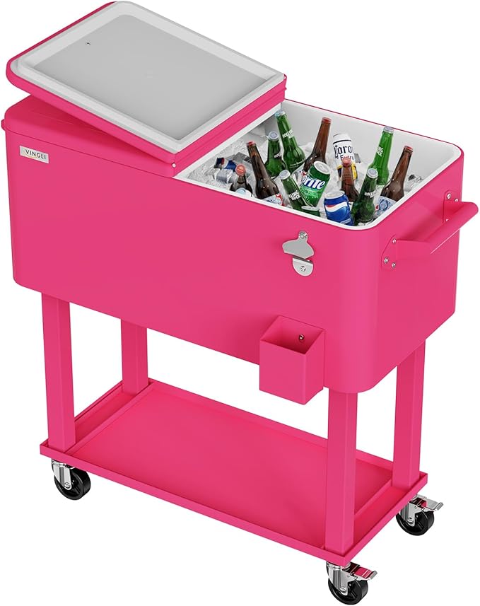 VINGLI 80 Quart Rolling Ice Chest, Portable Patio Party Bar Drink Cooler Cart, with Shelf, Beverage Pool with Bottle Opener