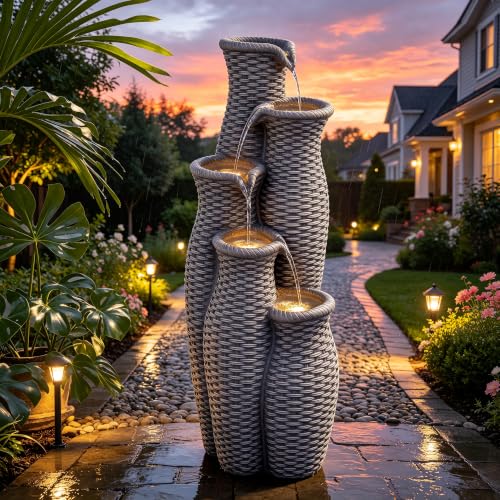 AUTODAYA 33" H Outdoor Water Fountain (Light Gray Faux Rattan 33"h)