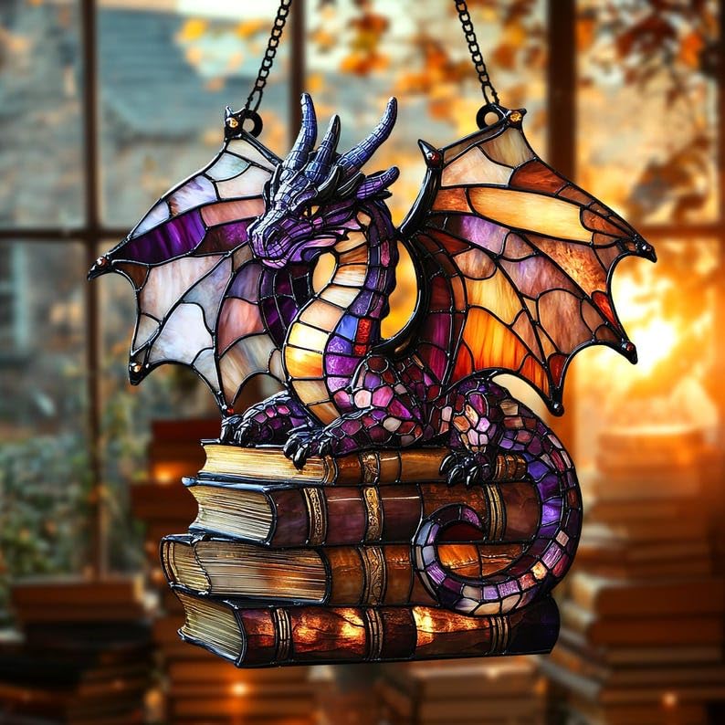 Fantasy Dragon Acrylic Suncatcher Window Hanging Dragon Lover Gift Book Lover Gift Fantasy Decor (1-fba-cis-evg-a362-h.2 / 12")