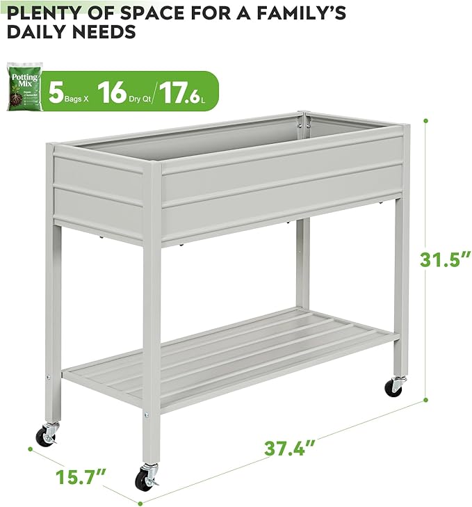 ZORMY 32" Tall Galvanized Raised Garden Bed with Legs Wheels & Shelf, Elevated Planter Box Outdoor for Vegetables, Herbs & Flowers, Patio & Backyard, Garden Bed with 400lb Capacity，Grey