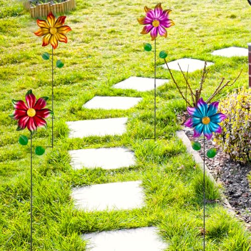 4 Packs Metal Flowers Wind Spinners Outdoor (Flowers-gradient)