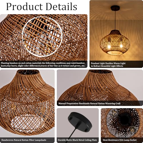 15" Rattan Pendant Light (Metal+Brown / 14.96" 2-Light)