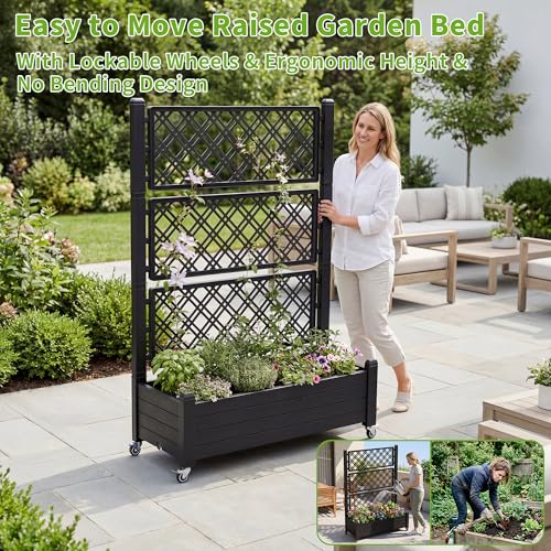 Rolling Garden Planter Box with Trellis & Lockable Casters (Black / 43.43*18.27*64.29)