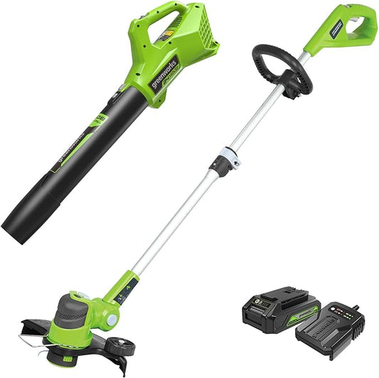 Greenworks STBL24B210 String Trimmer, 12" Blower (2.0Ah) Gen 2, Green