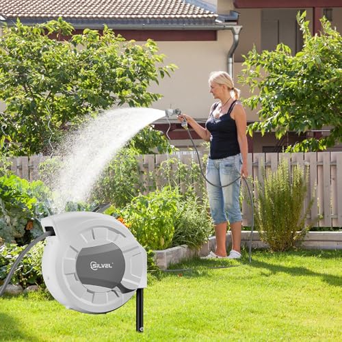 Automatic Retractable Garden Hose Reel on Metal Spike (Light Grey / 1/2" x 90FT)