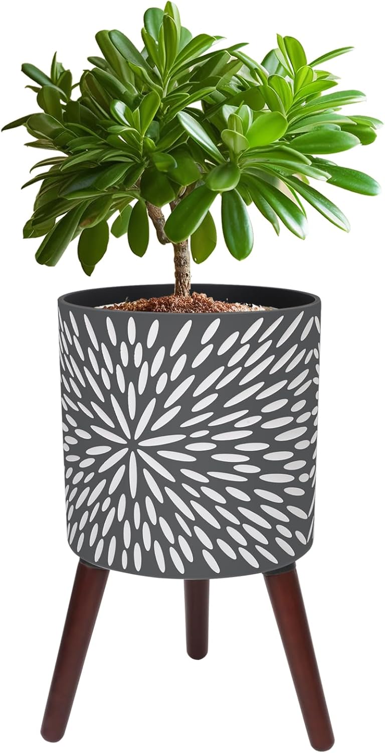 10 Inches Plant Pot with Stand, Large Modern Standing Planters for Indoor Plants with Drainage Holes, Gray Flower Pots with Legs