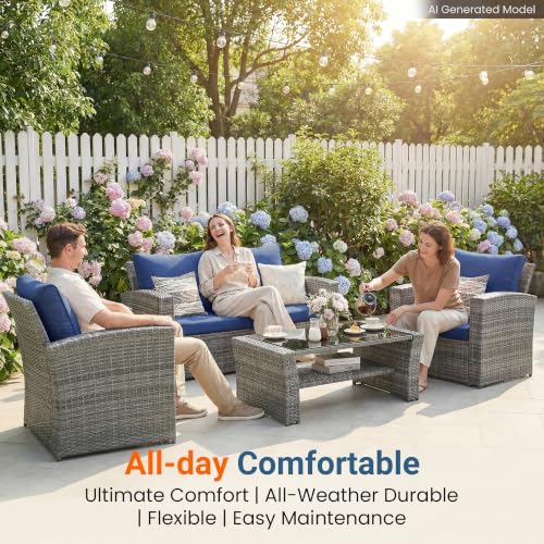 4 Piece Outdoor Wicker Patio Furniture Set for All Weather (Dark Blue / 4)