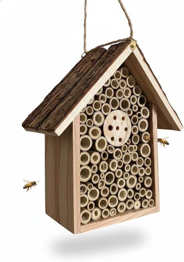 Redwood Mason Bee House - Solitary Insect Hotel & Wooden Nesting Habitat | Leafcutter Bee Hive with Easy-Hang Jute Rope | Outdoor Garden Decor & Weatherproof Beneficial Bug Home for Pollinators