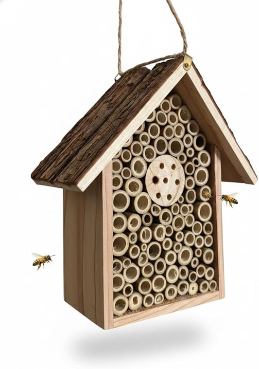 Redwood Mason Bee House - Solitary Insect Hotel & Wooden Nesting Habitat | Leafcutter Bee Hive with Easy-Hang Jute Rope | Outdoor Garden Decor & Weatherproof Beneficial Bug Home for Pollinators