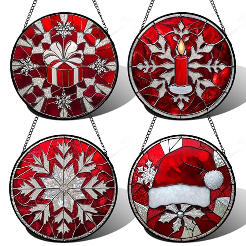 Stained Glass Window Hanging 4 Pcs Set Red Christmas Decorations Theme Large 11.8" (4-piece Red Christmas Set / 11.8x11.8 IN)
