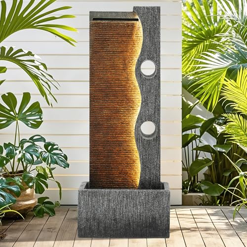 AUTODAYA 39" Modern Zen Outdoor Water Fountain LED Cascading Waterfall (Weathered Gray 39"h)