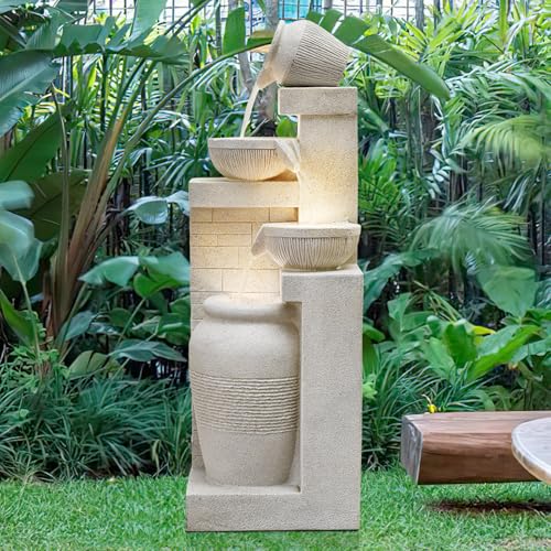 42.52" Outdoor Water Fountain with Lights (Beige 42.5in)